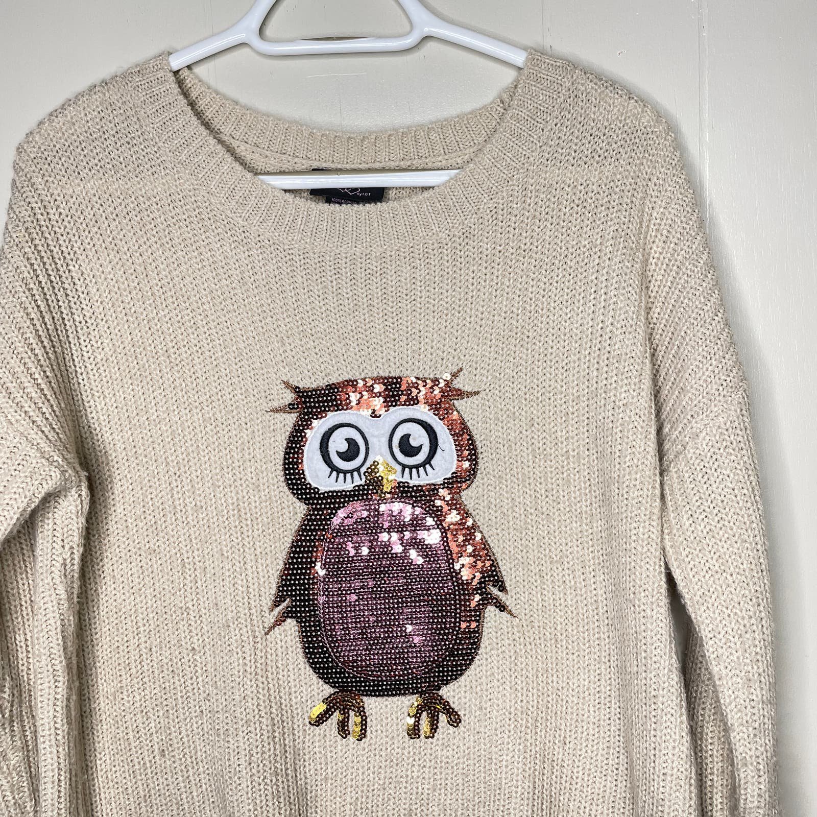 large discount Hooked Up Sequined Owl Tan Chunky Knit Sweater Women´s Size Medium iSMYnlLF7 Cheap