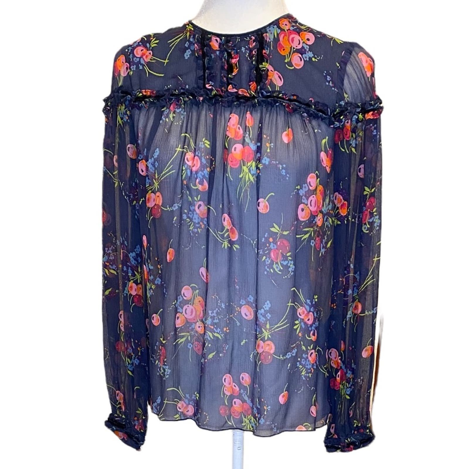 Custom ANNA SUI 100% Silk Sheer Floral Babydoll Blouse 