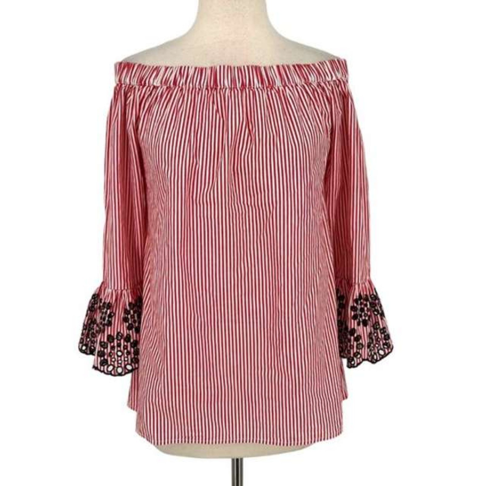 Wholesale price Beach Lunch Lounge Red white Boho Striped Off Shoulder Top Bell Sleeves Sz S n1CXtRL5N Discount