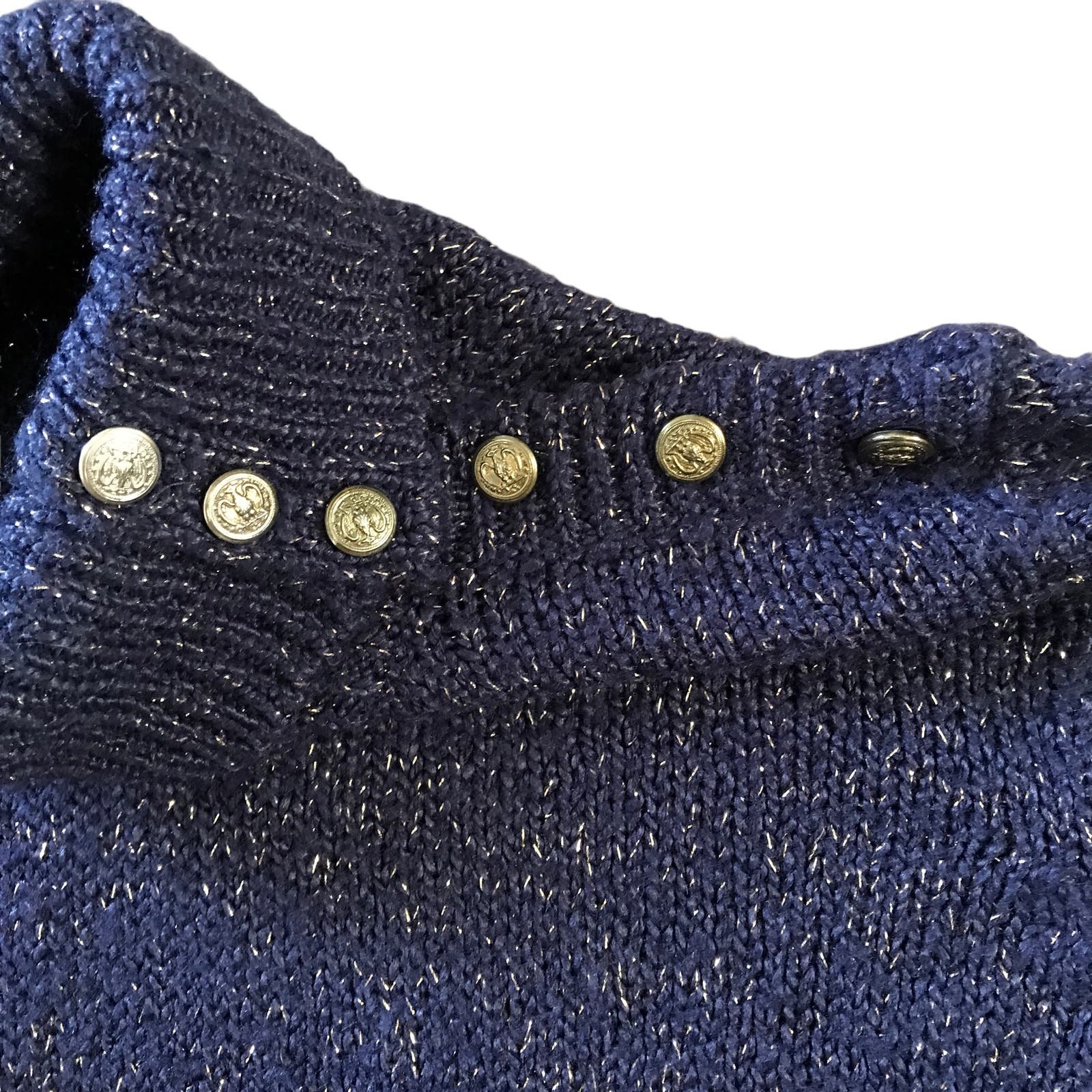 large discount Vintage Toi Blue Turtleneck Knit Sweater With Gold Threads SZ M jiHiGIWgV High Quaity
