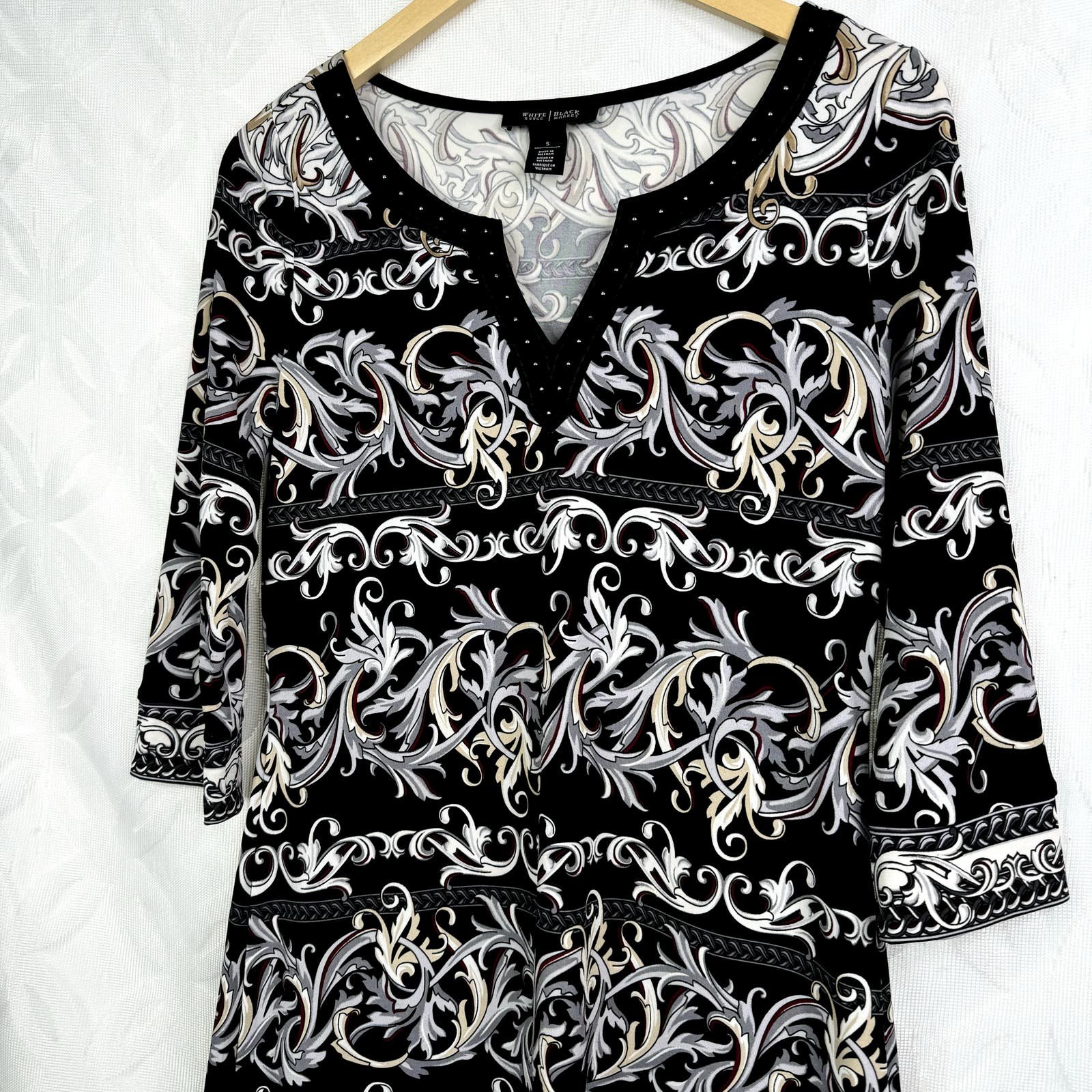 Popular White House Black Market 3/4 Sleeve Notch Neck Printed Tunic Size S o40hxdTDe Great