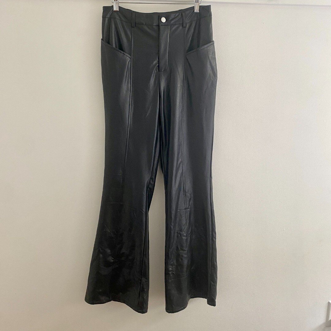 Latest  La Lavon Black Faux Leather Flare Pants Women&#