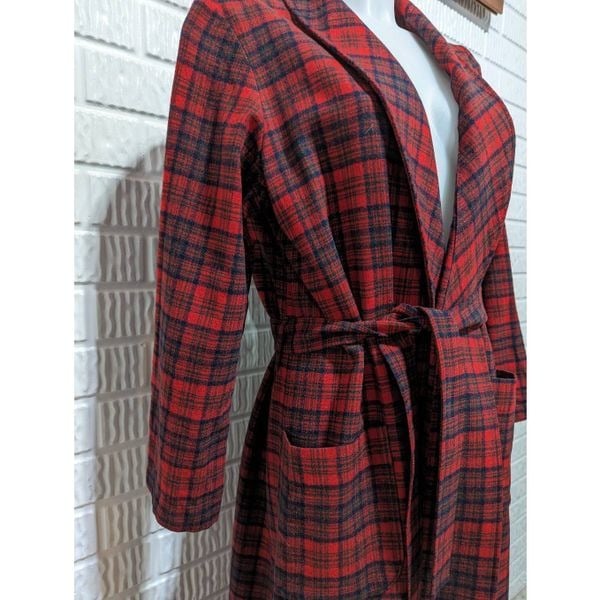 Personality Pendleton Women´s Red Wool Plaid Shawl Collar Pockets Tie Belt Long Robe Large o5y9ybBR3 Store Online