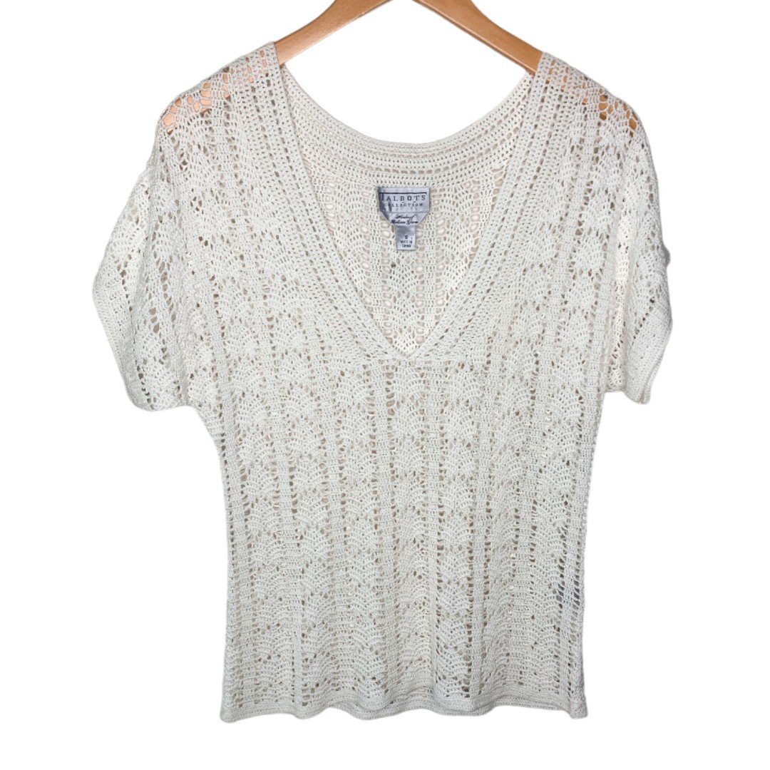Classic Talbots Collection crochet knit vneck top white Italian yarn small HEA7GMze5 Outlet Store