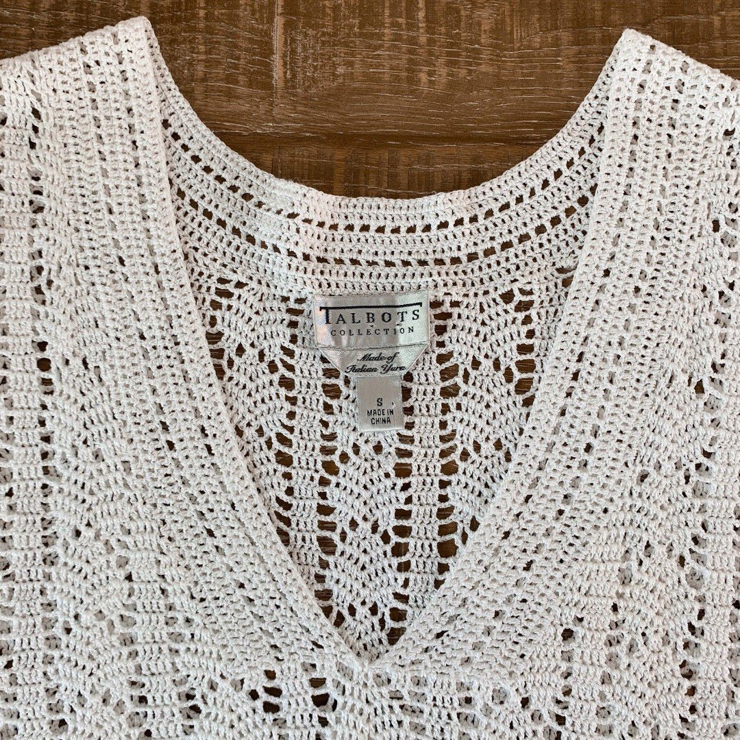 Classic Talbots Collection crochet knit vneck top white Italian yarn small HEA7GMze5 Outlet Store