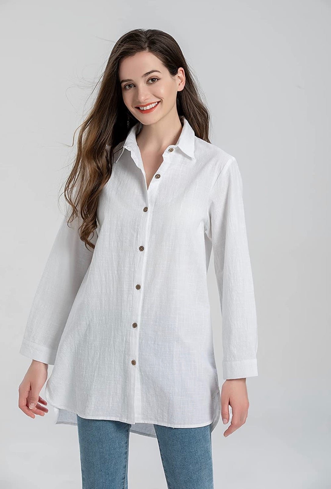 Elegant Women´s Long Sleeve Shirts Button Down Blouse Cotton Tunic High Low Tops OJUjetK3J Outlet Store