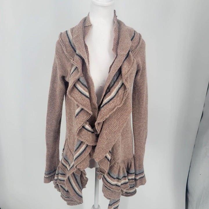 Nice Anthro Sparrow Brown Ruffle Neck Open Front Cardigan Sweater Wool Blend Small oEhhLYP5I Hot Sale