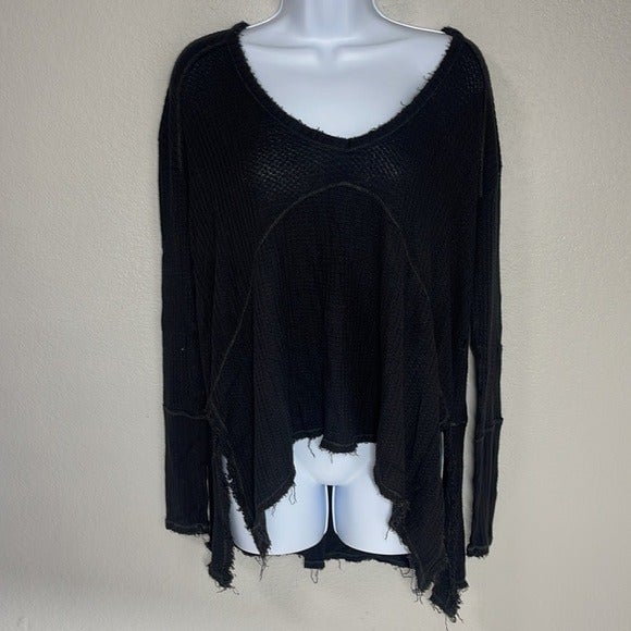 Perfect Free People Relaxed Oversized Fit Black Waffle Knit Hi Low V-Neck Top Size Small Gm1e245uF High Quaity