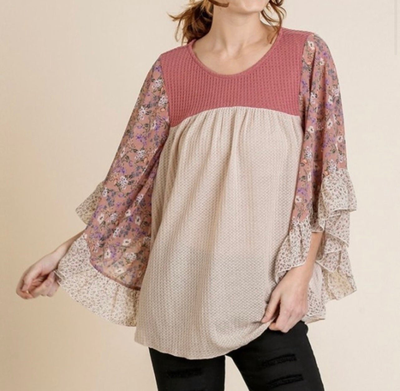 Simple NWT UMGEE  Floral Mixed Print Oversized High Low Bell Ruffle Sleeves Tunic Top Mi5VAwXaH no tax