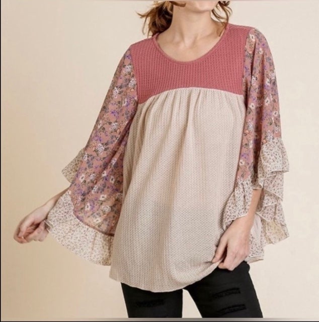 Simple NWT UMGEE  Floral Mixed Print Oversized High Low Bell Ruffle Sleeves Tunic Top Mi5VAwXaH no tax