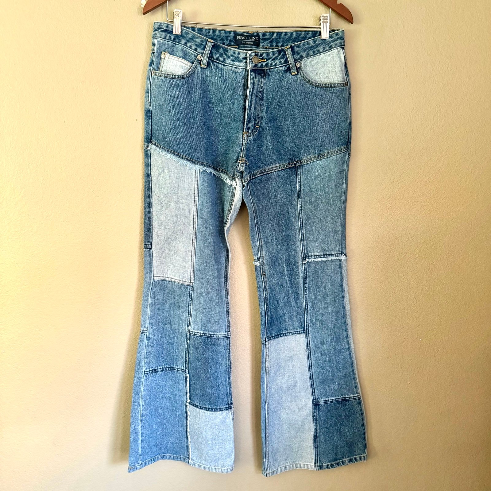 Popular First Line Mid Rise Patchwork Denim Bootcut Flare Jeans Blue Size 13/14 hdoG5Gtl6 well sale