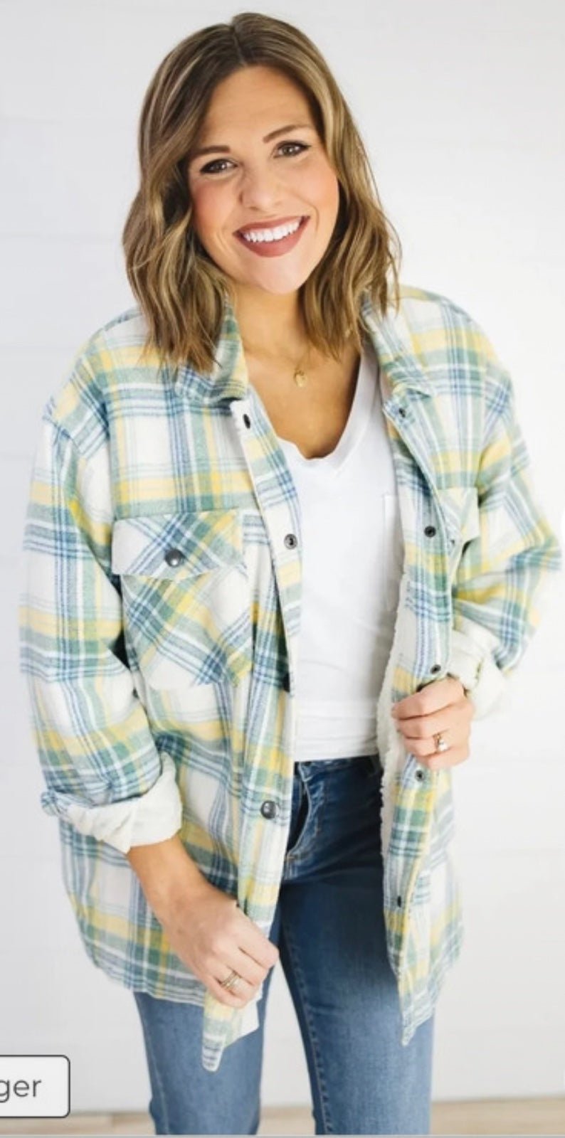 Promotions  White cream mint green teal yellow plaid flannel shacket jacket GKyhZlMNL Great