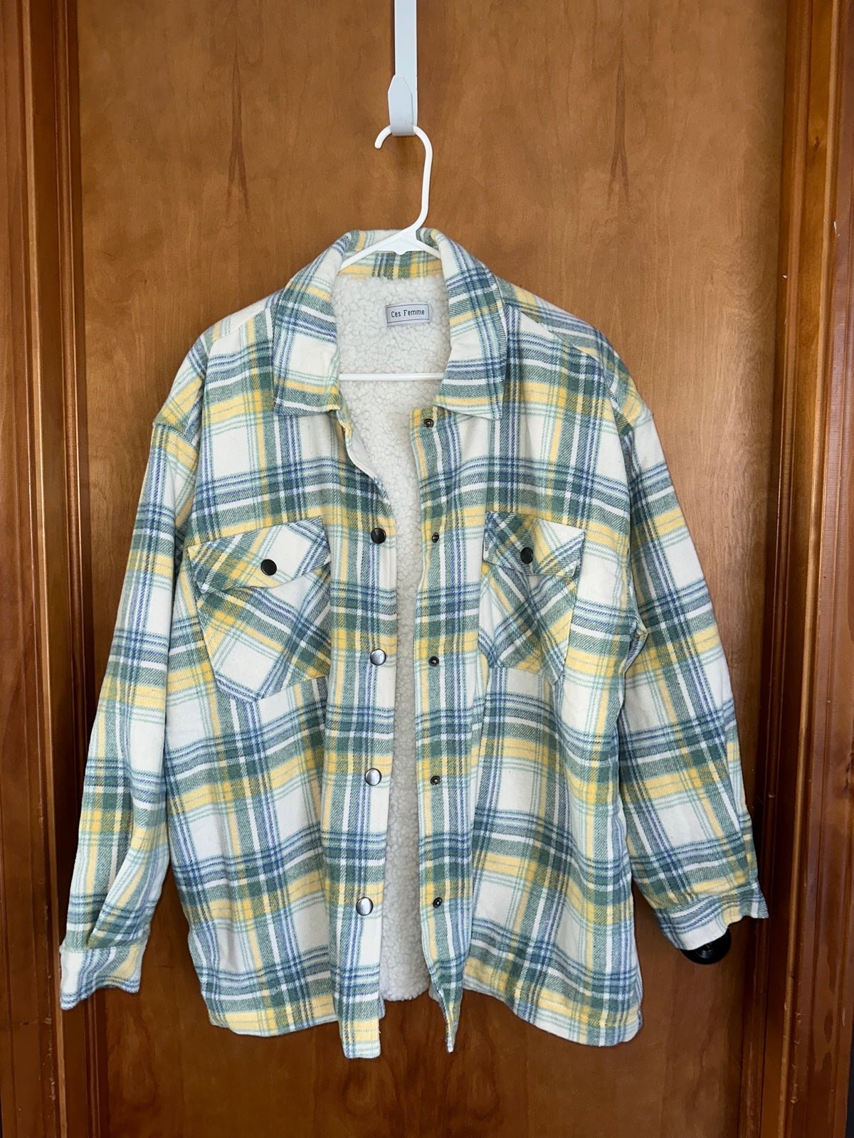 Promotions  White cream mint green teal yellow plaid flannel shacket jacket GKyhZlMNL Great