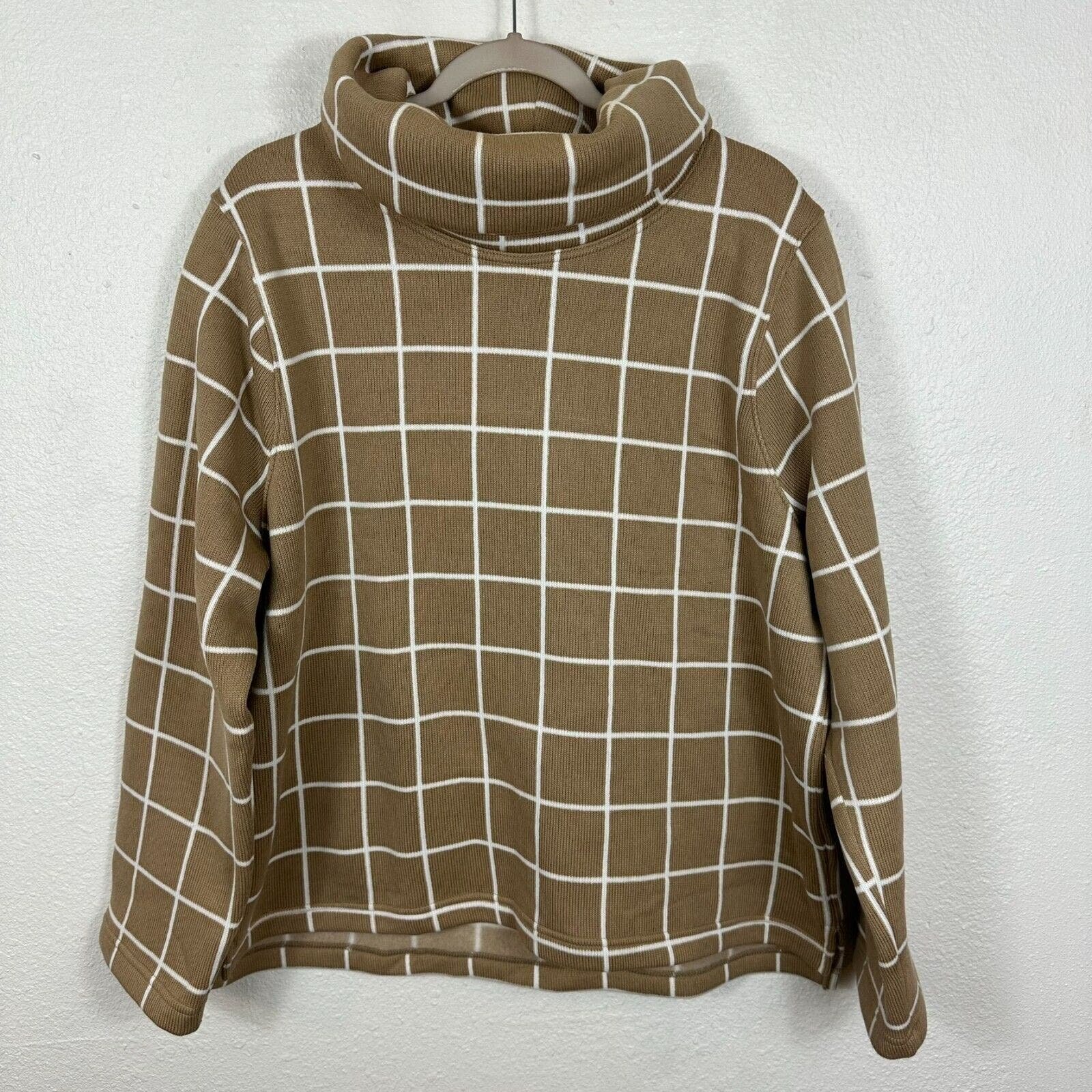large selection J Crew Funnel Neck Sweater Camel Brown Plaid Womens 2X Cozy Cottagecore kNyCTBgGd well sale