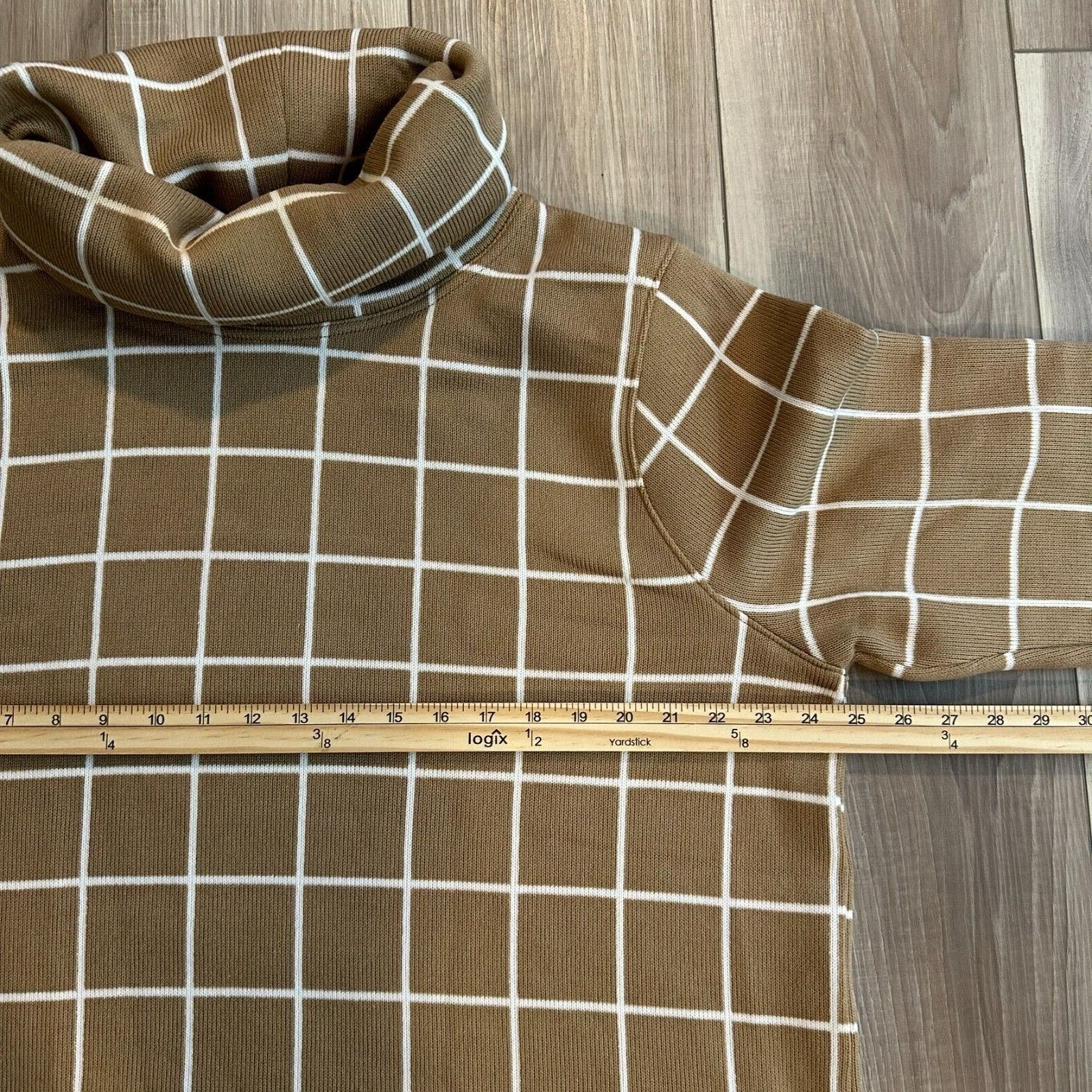 large selection J Crew Funnel Neck Sweater Camel Brown Plaid Womens 2X Cozy Cottagecore kNyCTBgGd well sale