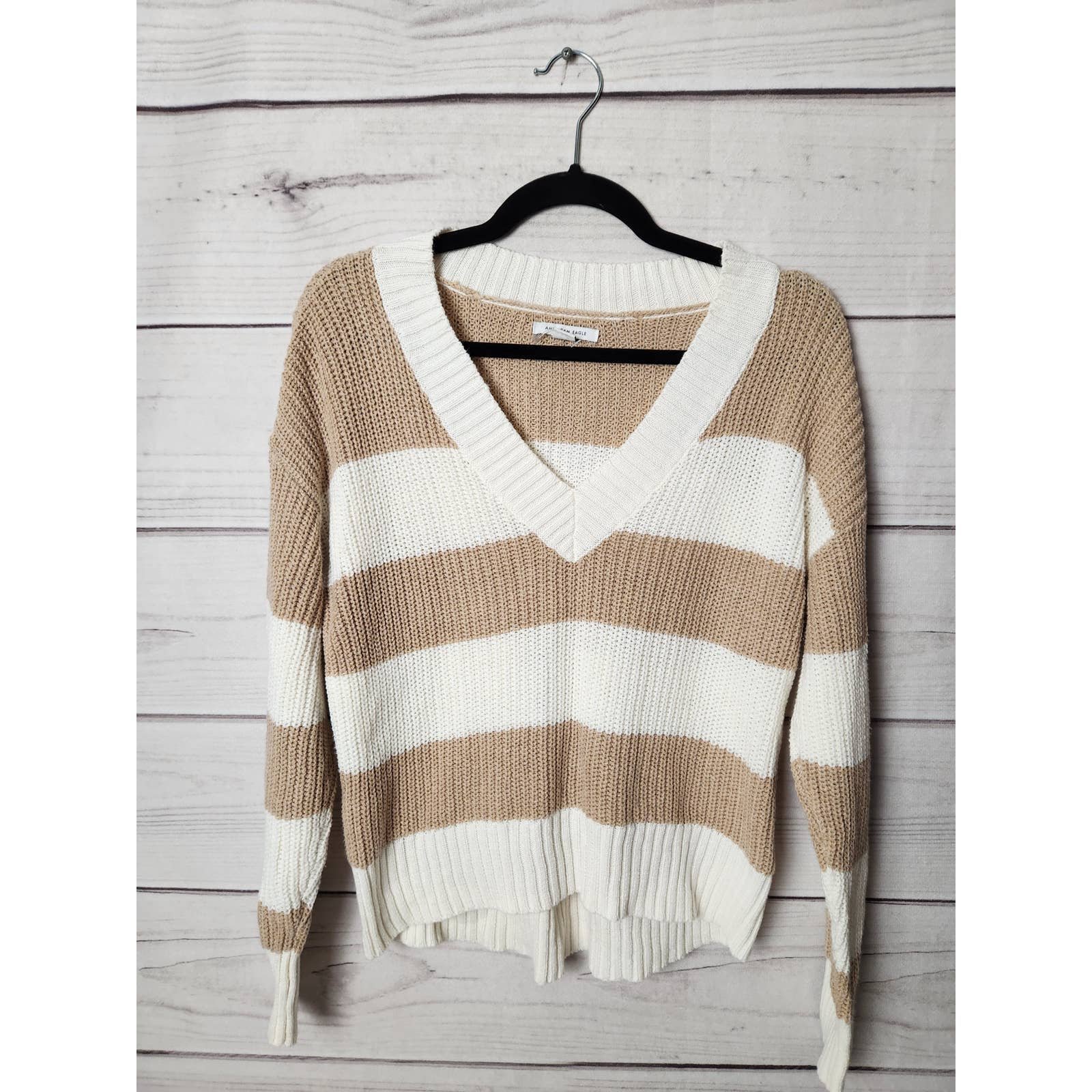 good price American Eagle Womens Sweater Knitted V Neck Striped Brown White Size XXS kbaU6xozI just for you