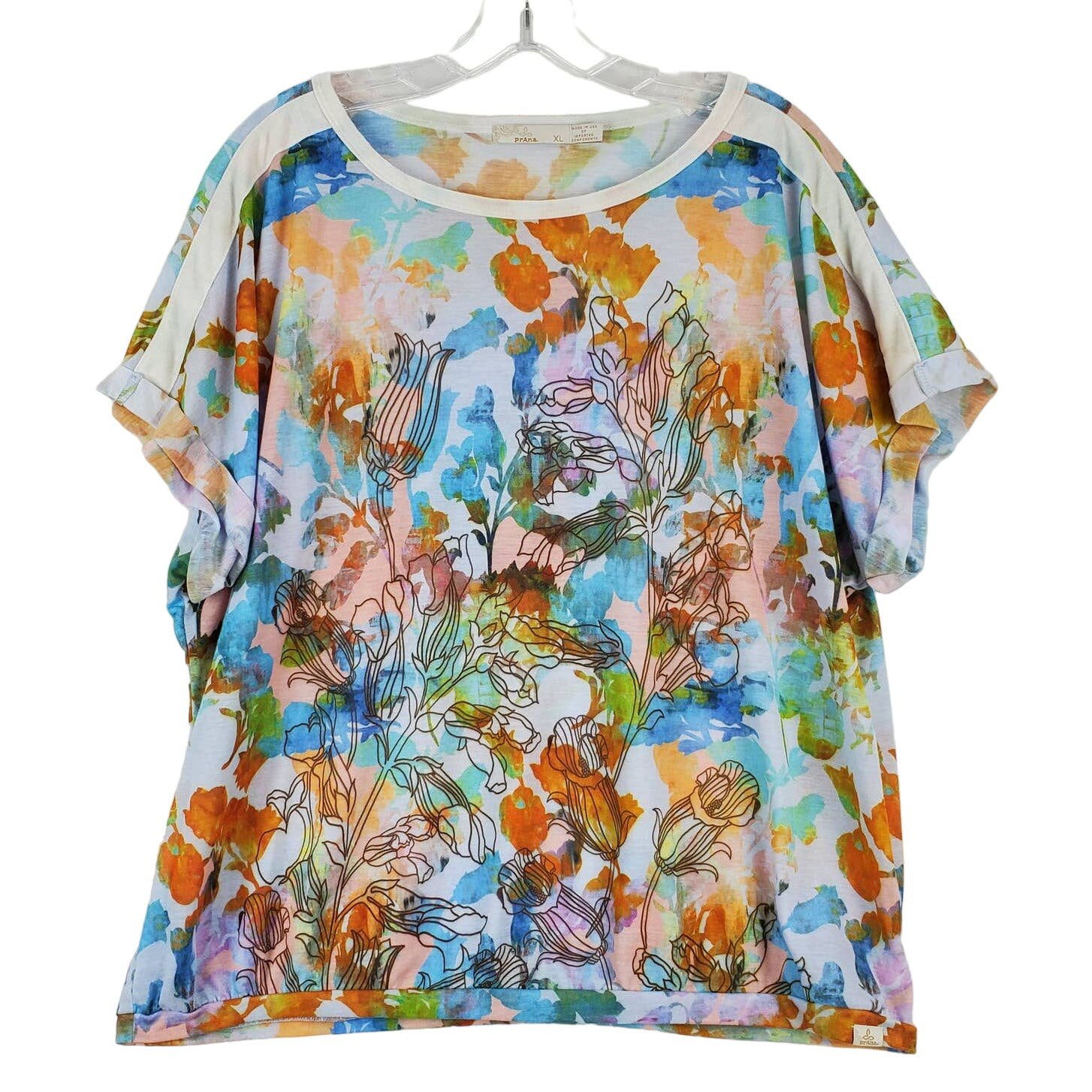 Comfortable Prana Multicolor Floral Top Cuffed Sleeves 