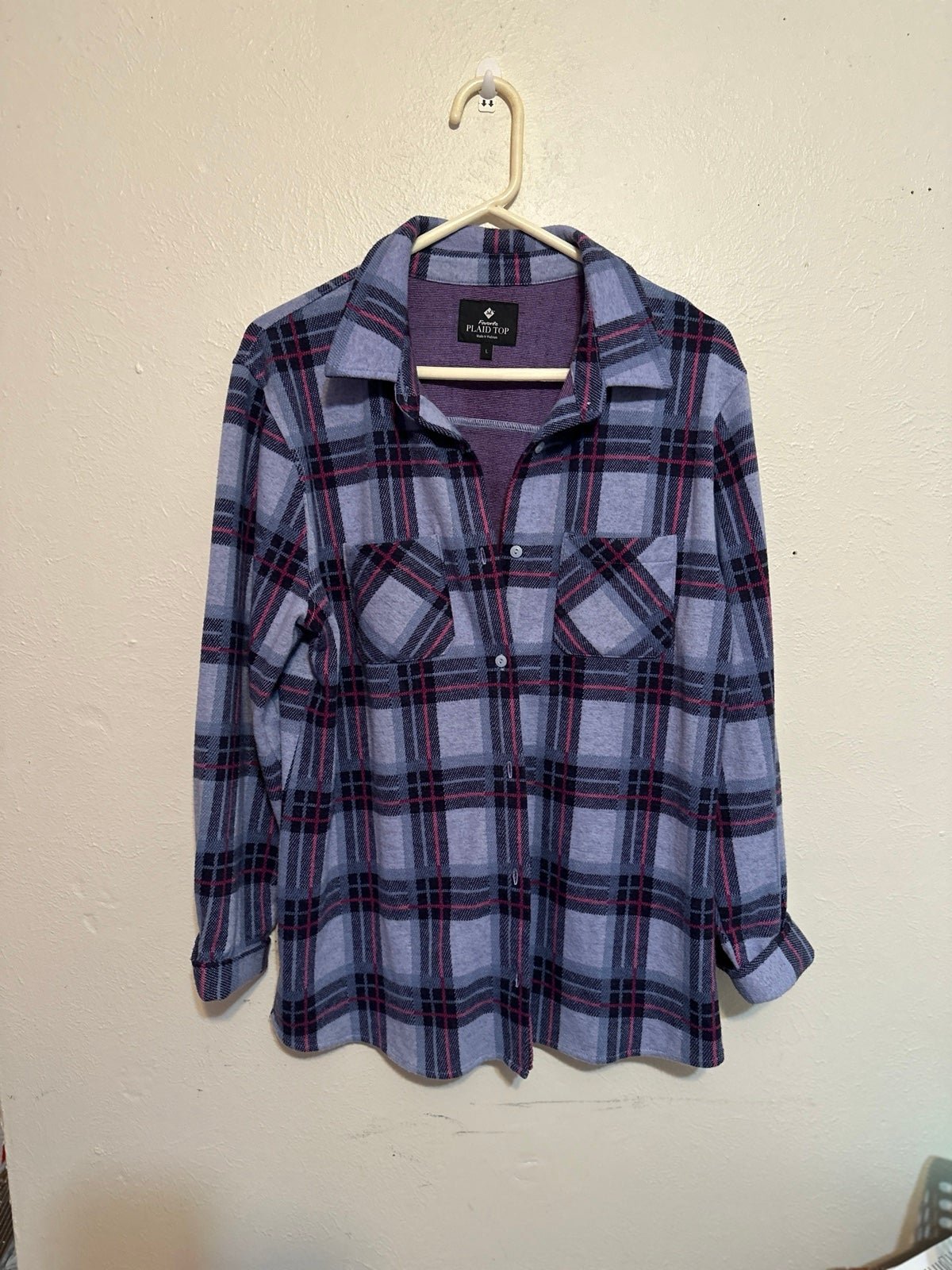 Popular Favorite Plaid Top Blue Pink Plaid Front Pockets Button Down Fleece Shirt L NJPExER0w Everyday Low Prices