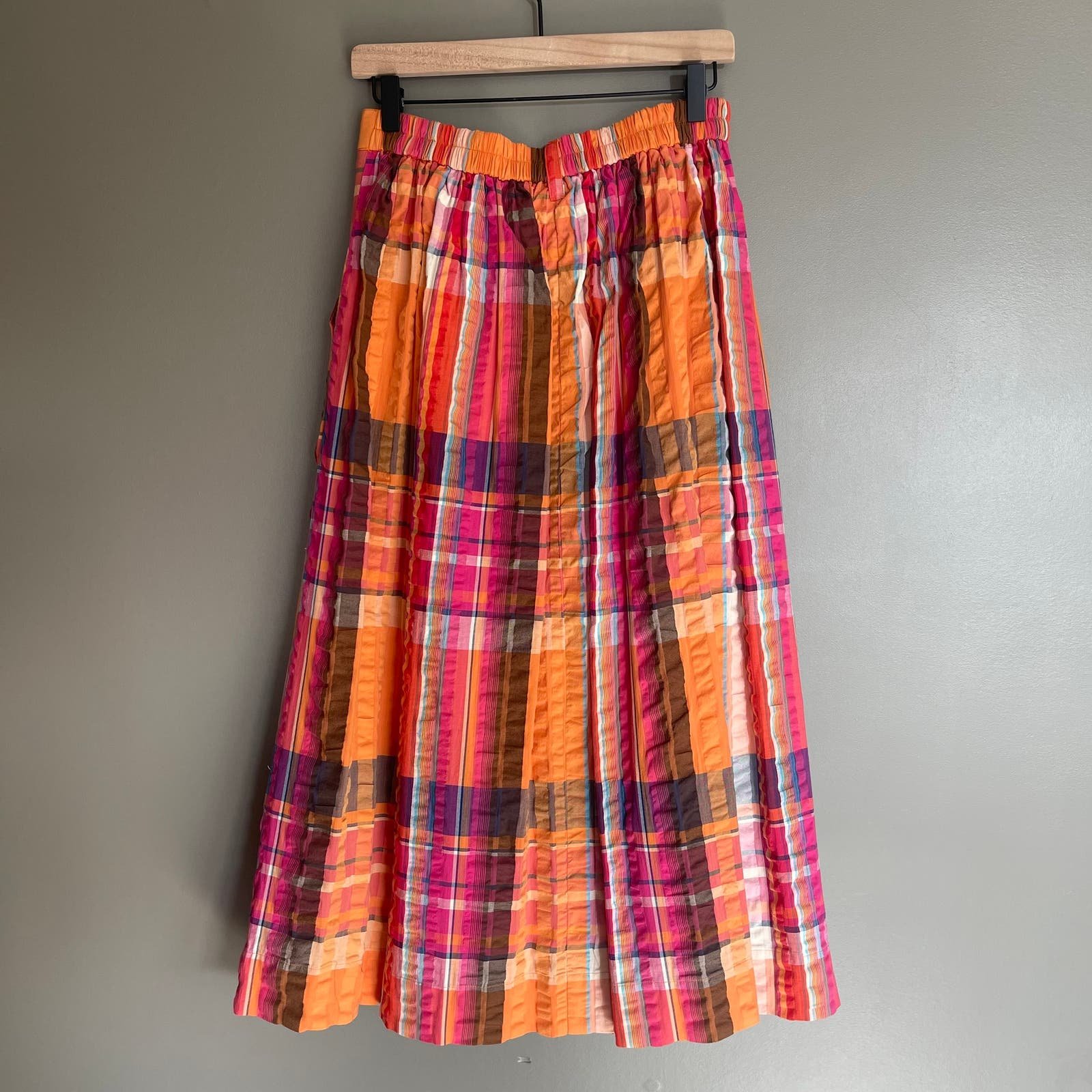 big discount Anthropologie Maeve Pippa Pleated Midi Skirt Size Small Orange Pink Plaid A-Line kUNUC7Xja US Outlet