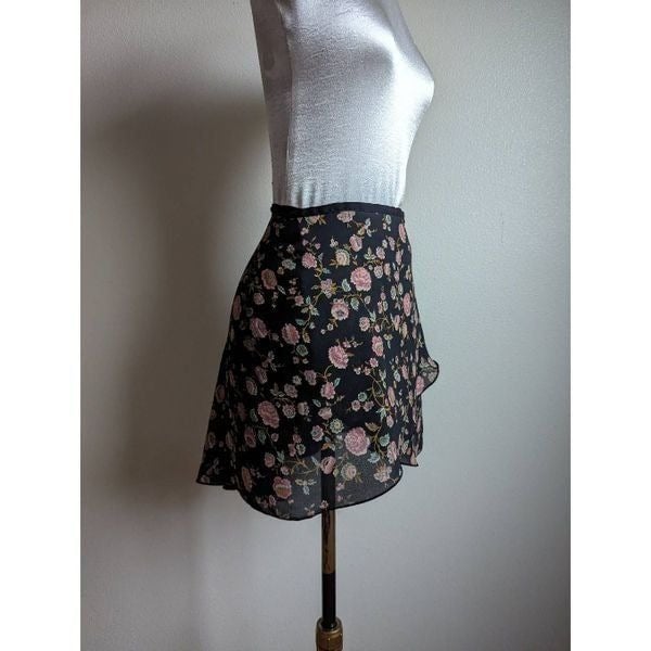 Affordable Vintage 80s Black Sheer Floral Mini Wrap Skirt Goth Romantic Femme Fatale XS K7gscvCDa for sale
