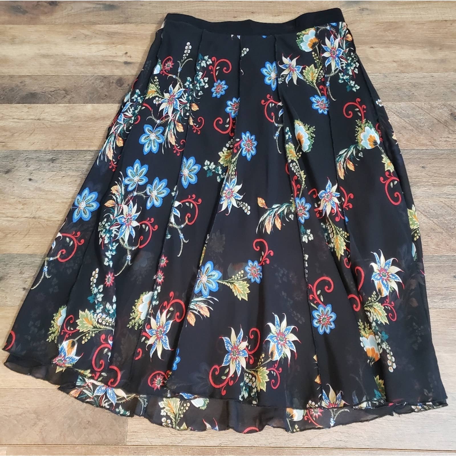 Great Lapis Floral Pleated Ruffle Midi Sheer Lined Exposed Seaming A-Line Skirt Large ISTRKYQKj well sale
