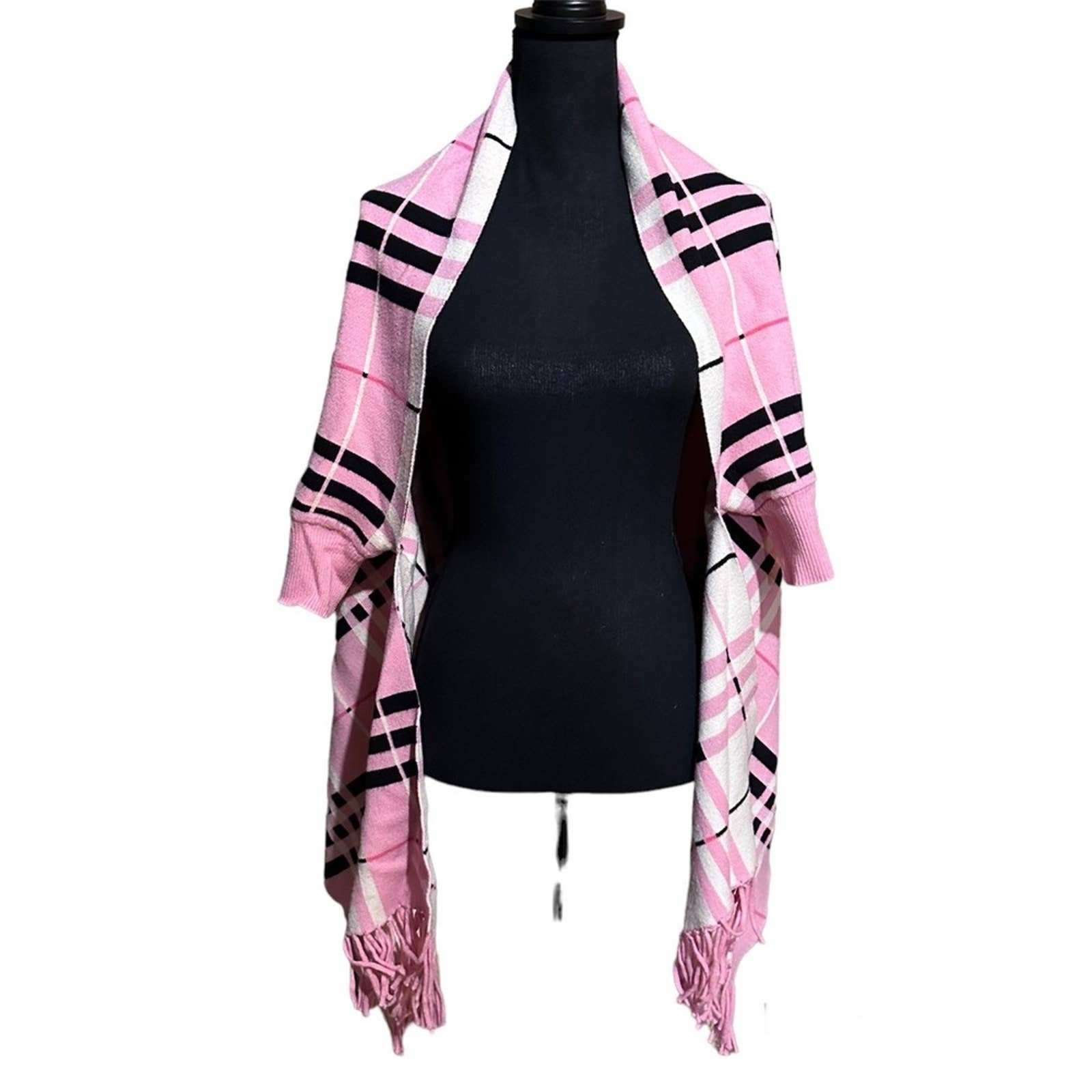 Custom Pink Plaid Fringe Poncho Wrap with Sleeves Women