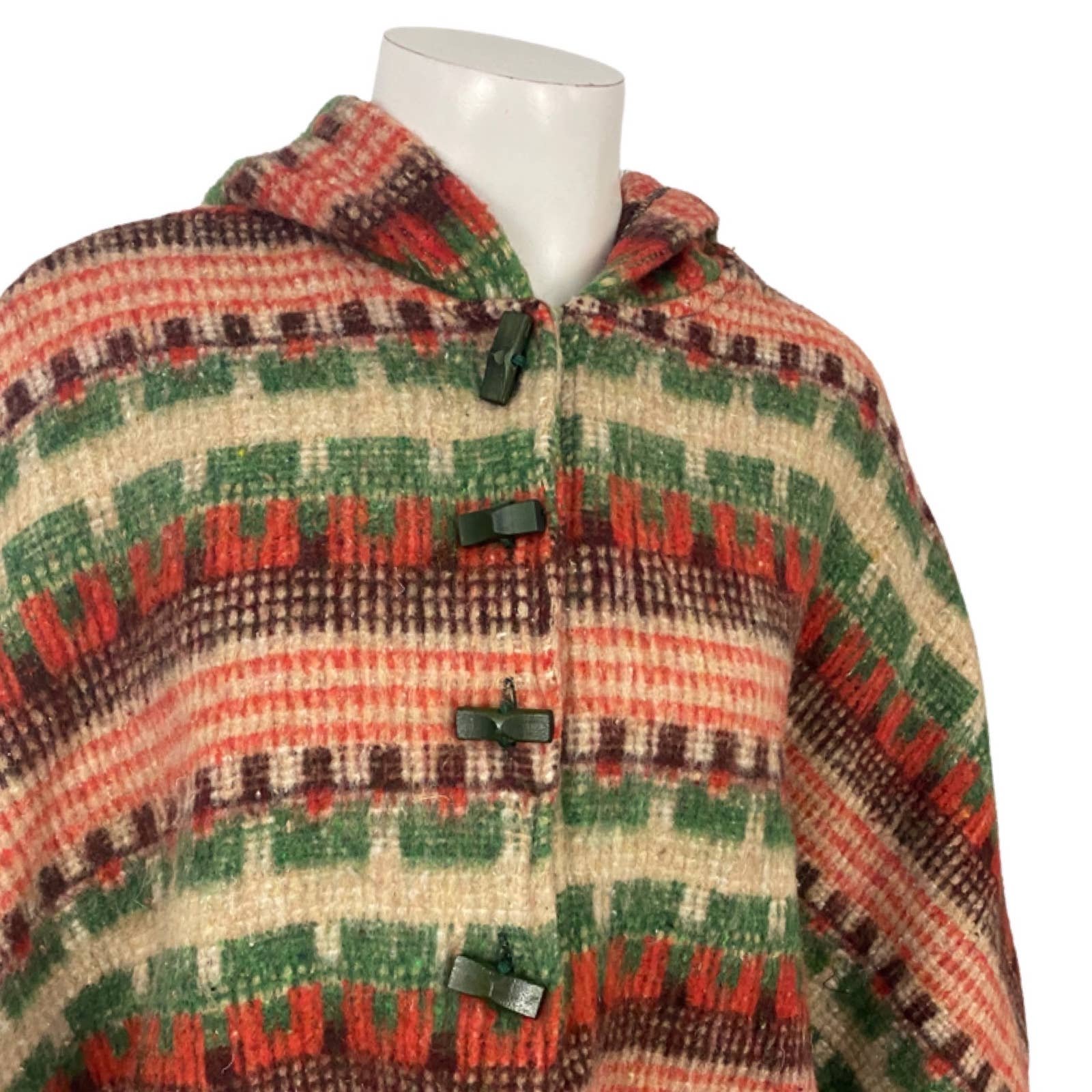 High quality 1970s Wool Blend Hooded Southwestern Print Poncho Cape Toggles / One Size * HxwOHFPUw US Sale