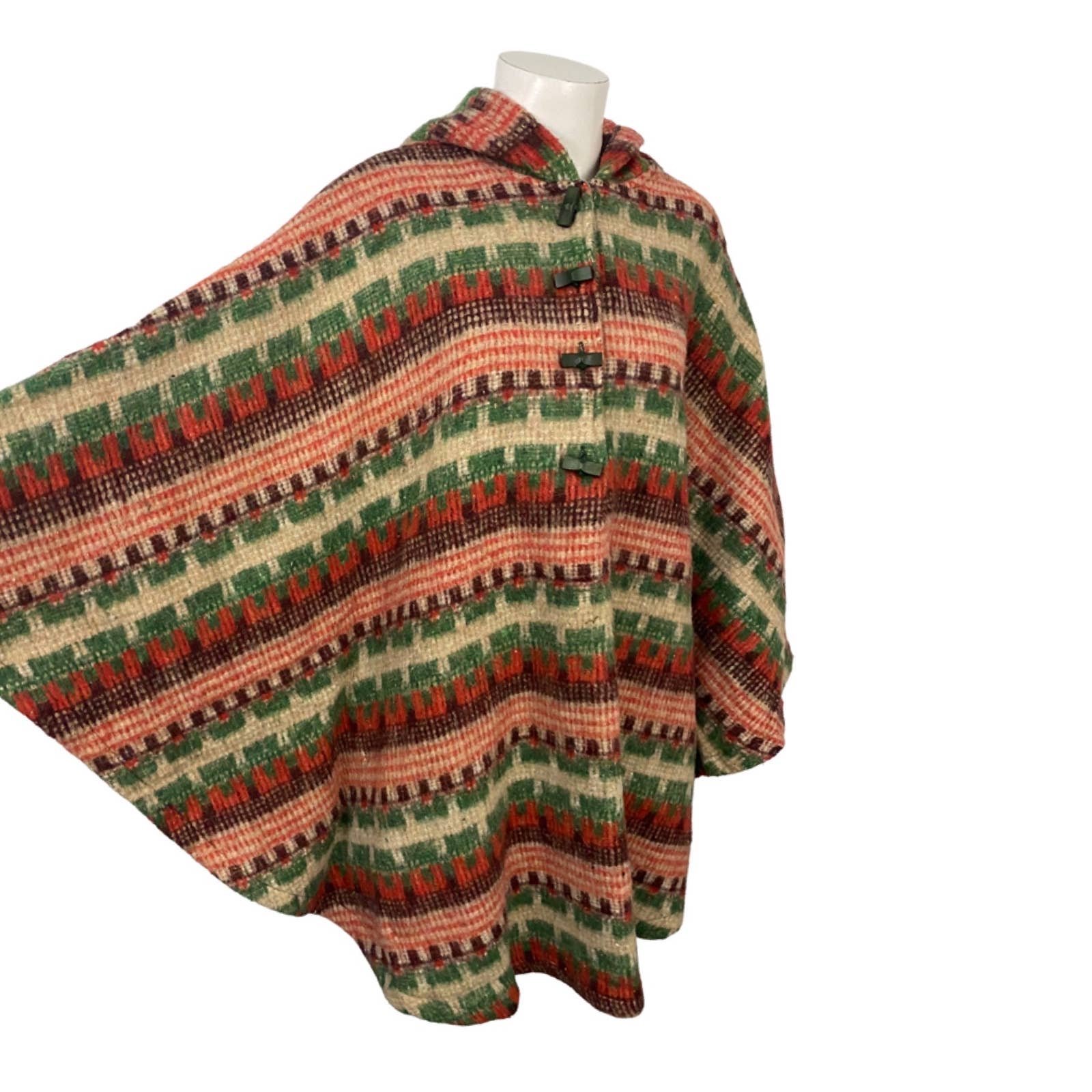 High quality 1970s Wool Blend Hooded Southwestern Print Poncho Cape Toggles / One Size * HxwOHFPUw US Sale