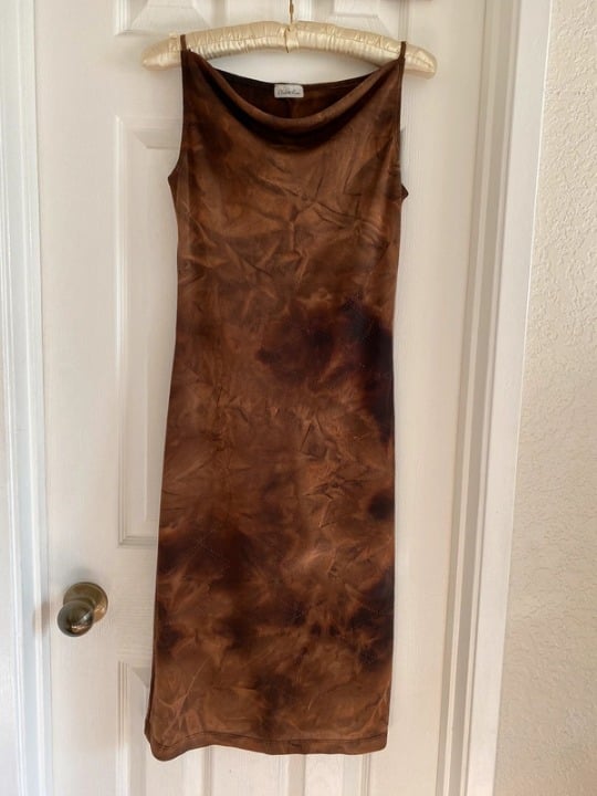 Classic Brown tie dye cowl neck rhinestone midi dress vintage iChGYPIjl US Sale