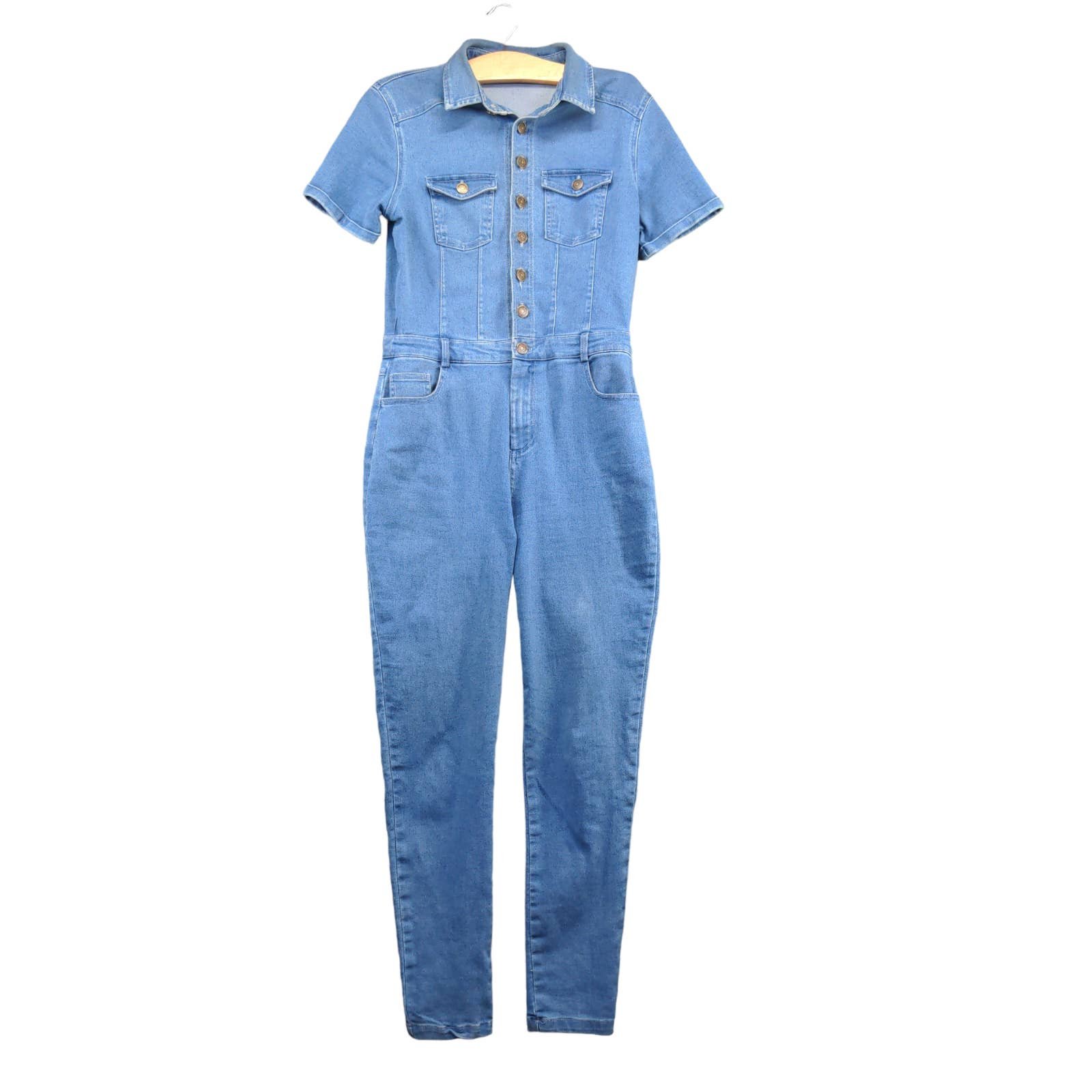 Buy Haute Monde Women´s Button Up Denim Jumpsuit Blue Small Short Sleeve HqonKcJ6b Store Online