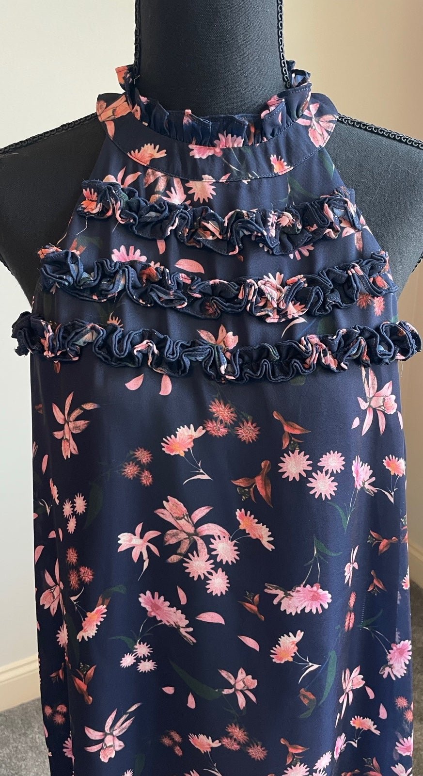The Best Seller Gianni Bini navy floral sleeveless high neck ruffle mini dress small mgY5BJFKi best sale