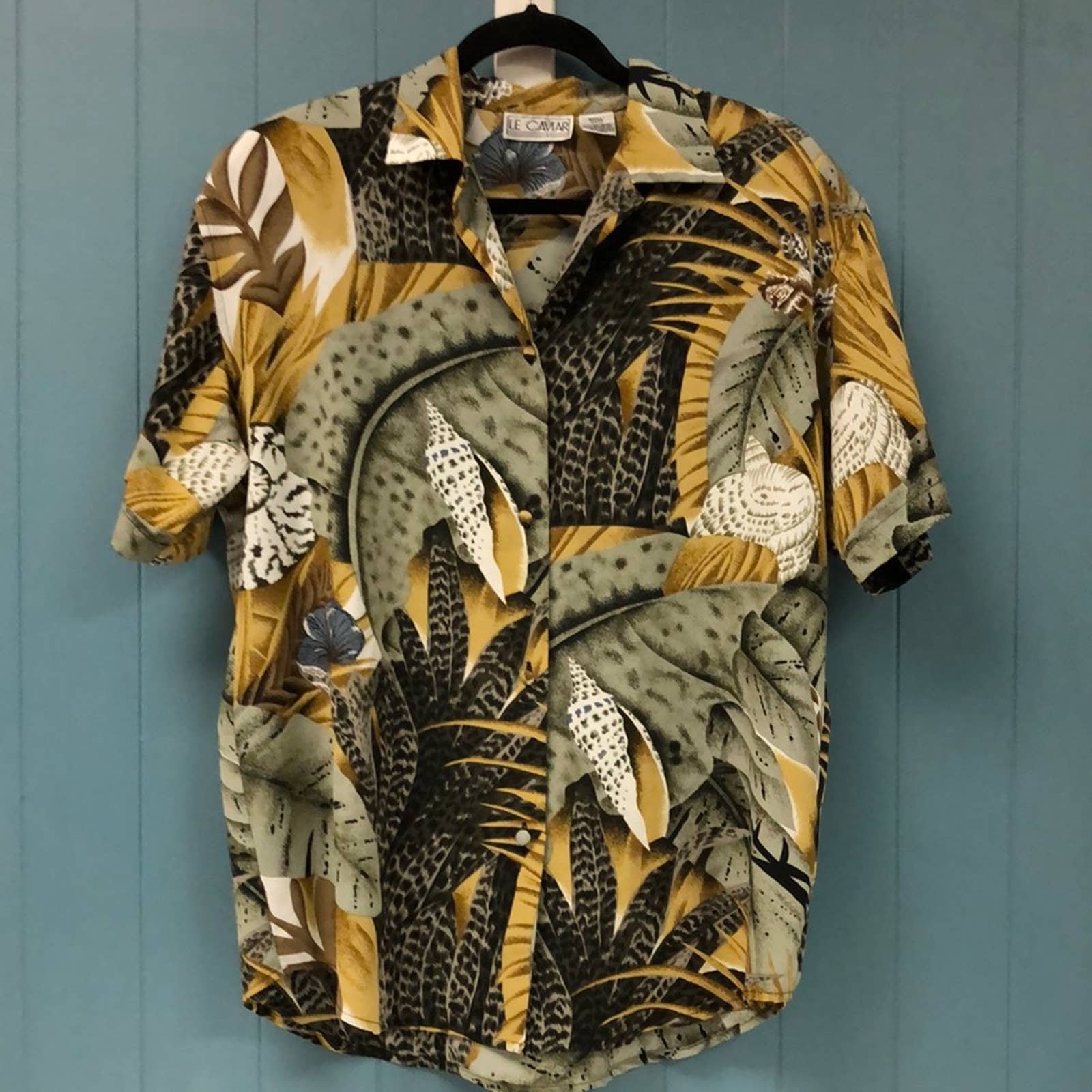 High quality Vtg Le Caviar tropical shells trees leaves oversized button down blouse women’s JeIhAgLSw Wholesale