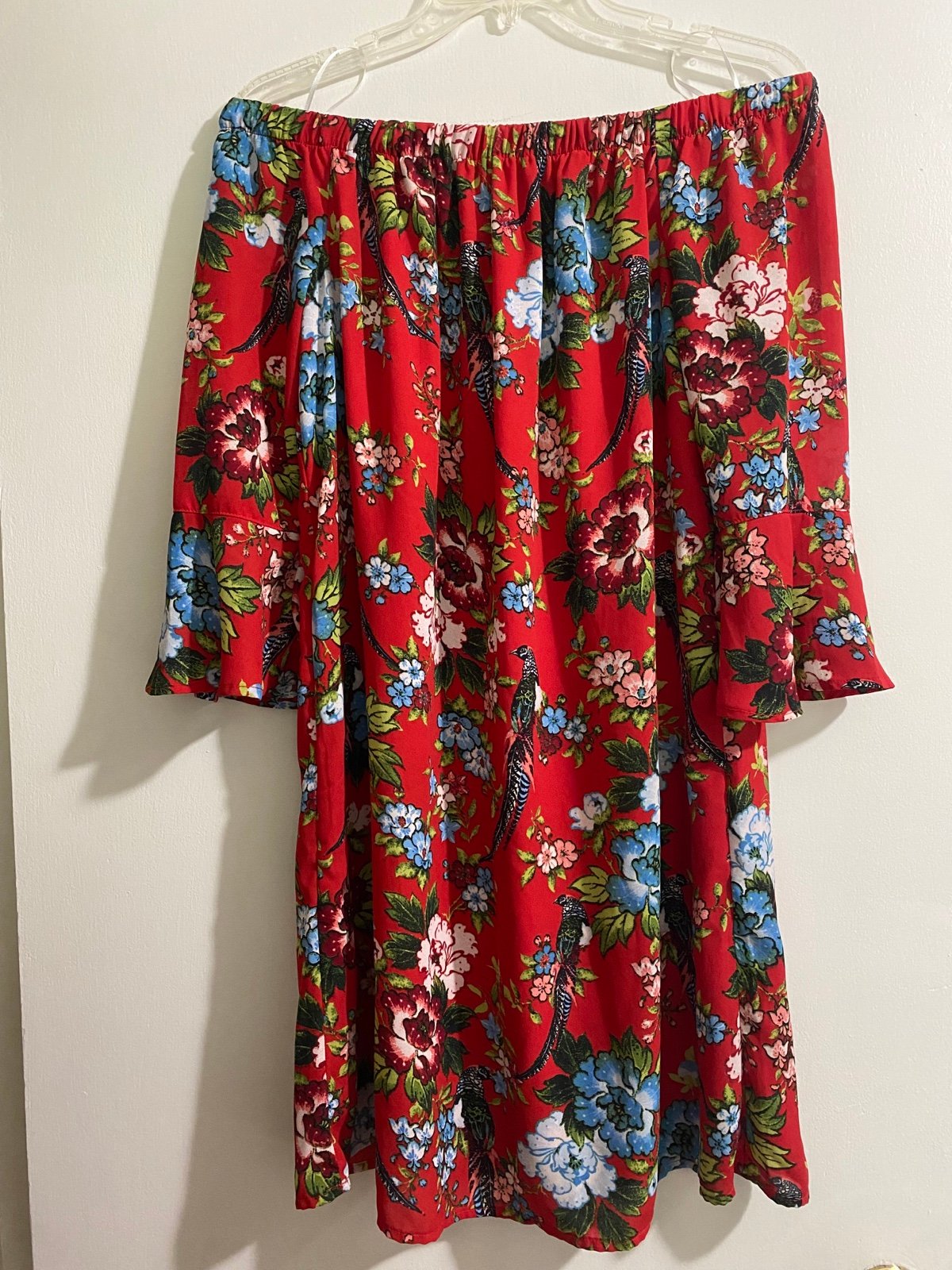Custom Off-the-Shoulder Short Red Floral Dress LS85Lql9