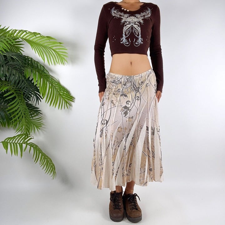 big discount Vintage Beige Floral Fairy Grunge Bohemian Low Rise Hippie Midi Skirt / XL fm4N3bpMd Factory Price