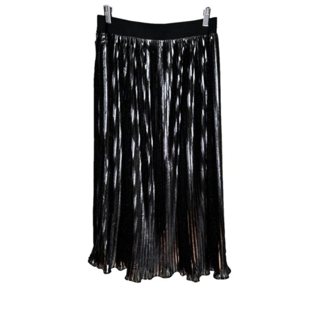 the Lowest price Aqua Size L Black Metallic Pleated Pull On Midi Skirt Party Holiday Brunch Date lwFZkKq74 Store Online