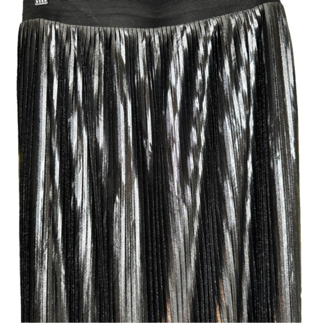 the Lowest price Aqua Size L Black Metallic Pleated Pull On Midi Skirt Party Holiday Brunch Date lwFZkKq74 Store Online