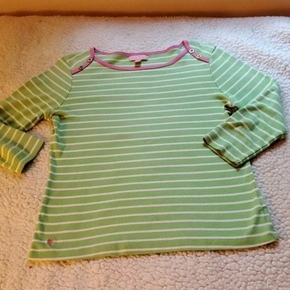 Gorgeous Lilly Pulitzer Sz. S Mint Green & White Striped Pink Neck Trim LS Pullover Top gbbEX9Zng on sale