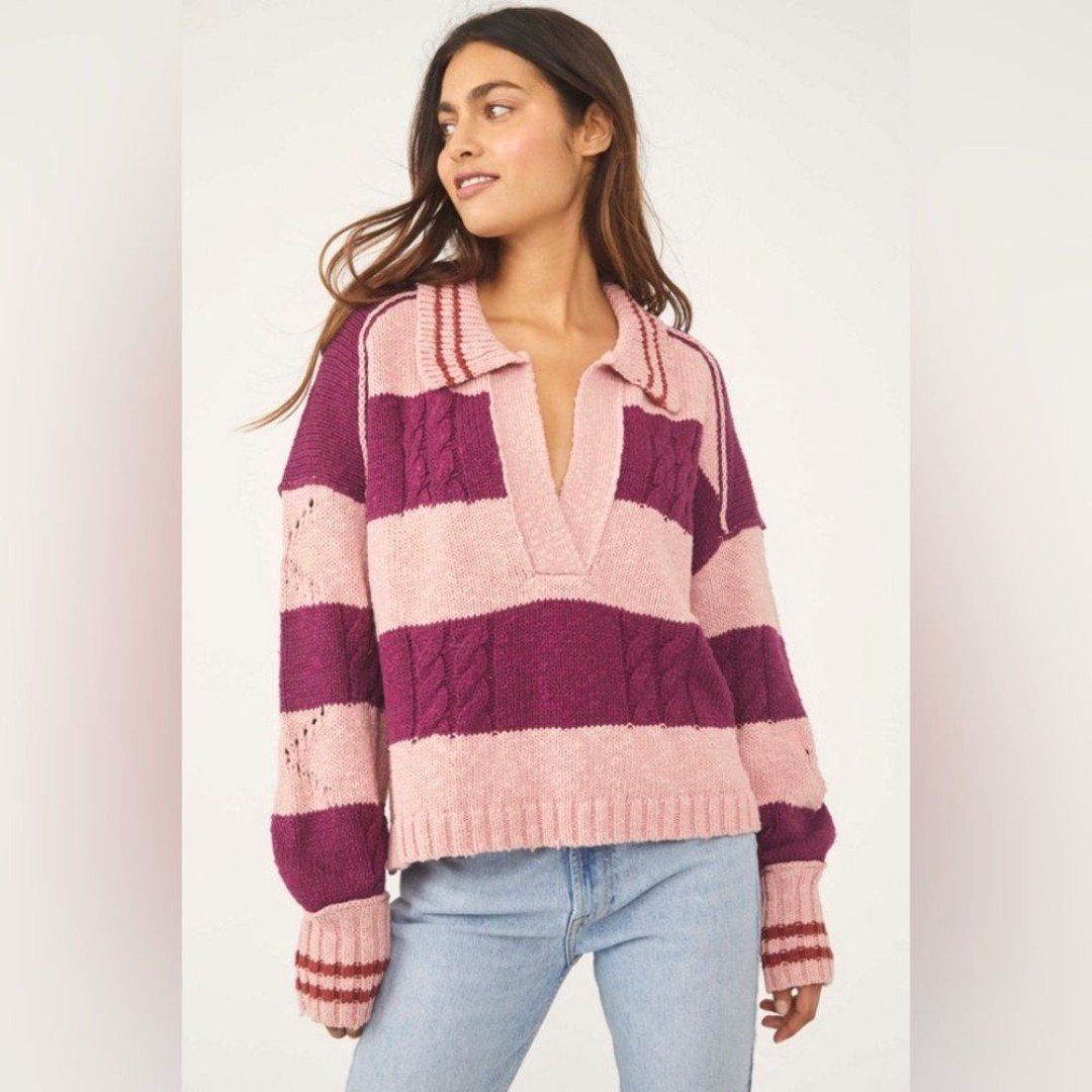 Discounted NWT Free People Pembrook Striped Cable-Knit Moody Pink Oversized V-neck Sweater jdN2kr4KT Zero Profit 