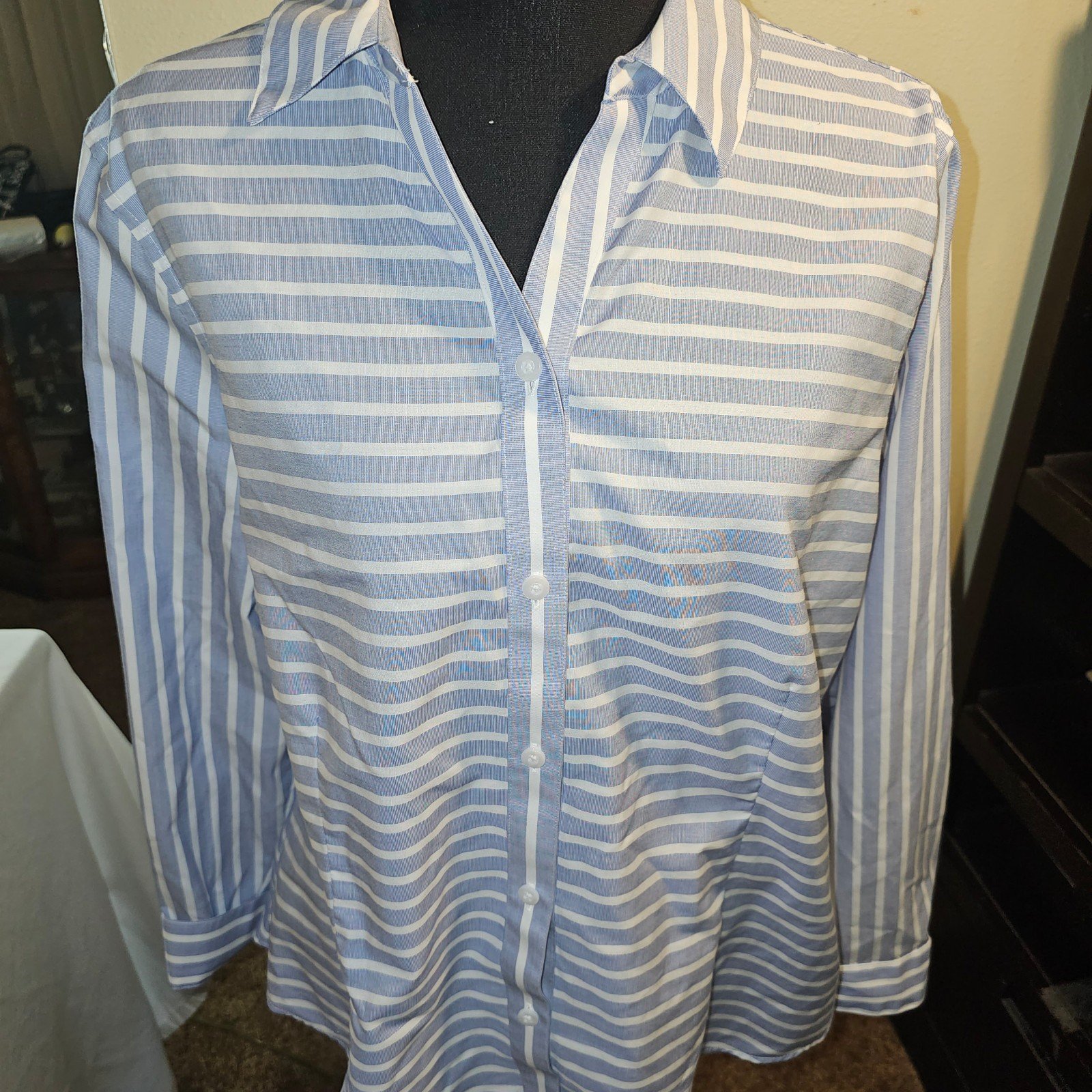 good price Chicos sz. Large blue/white stripe blouse N8FdtcWte best sale