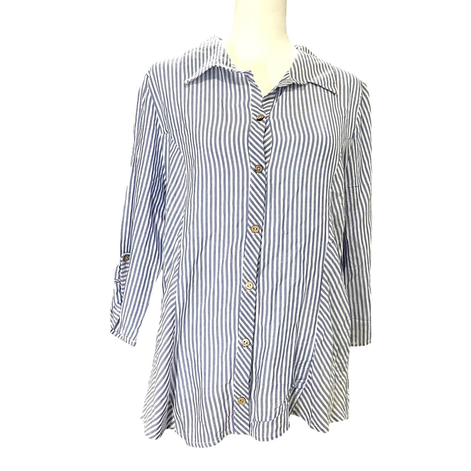 Authentic Naif Women´s Blue and White Striped Button-up Collared Blouse Sz Medium Petite fy0ItlK6i Cheap